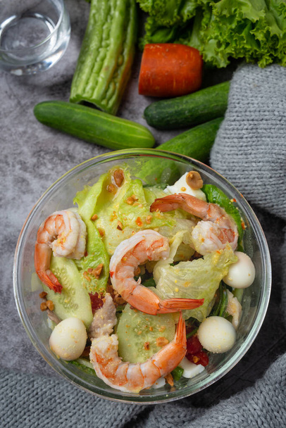 Caesar prawn salad with delicious shrimp Healthy food concept. - Photo, Image