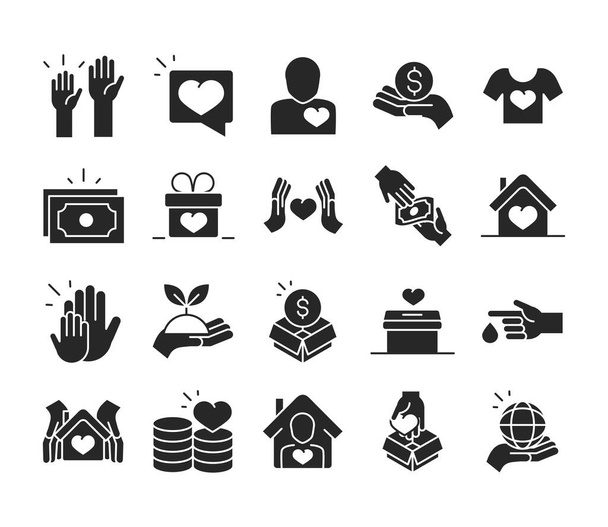 donation charity volunteer help social assistance icons collection silhouette style - Vector, Image