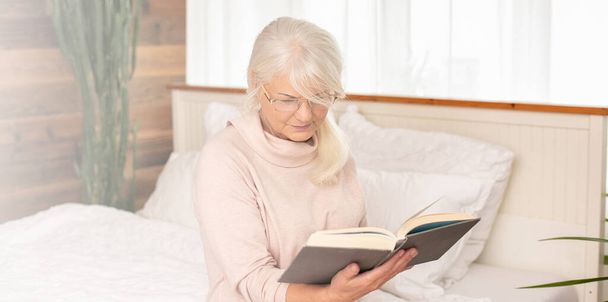 Senior woman reads, concentrated in a book. Retirement home. Leisure time. - Foto, Bild