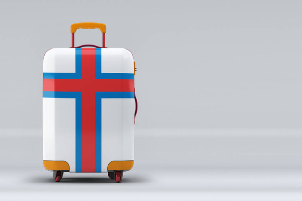 Nationalflagge der Färöer auf einem stilvollen Koffer auf farbigem Hintergrund. Raum für Text. Internationales Reise- und Tourismuskonzept. 3D-Rendering. - Foto, Bild