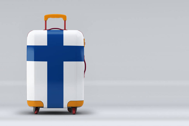 Finland national flag on a stylish suitcases on color background. Space for text. International travel and tourism concept. 3D rendering. - Фото, зображення