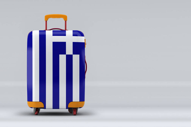 Greece national flag on a stylish suitcases on color background. Space for text. International travel and tourism concept. 3D rendering. - Photo, image