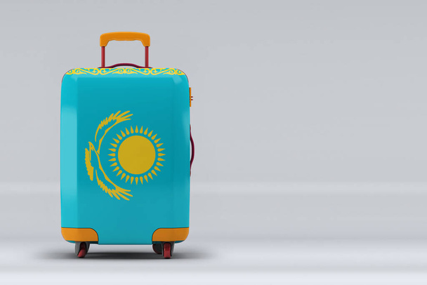 Kazakhstan national flag on a stylish suitcases on color background. Space for text. International travel and tourism concept. 3D rendering. - Photo, Image