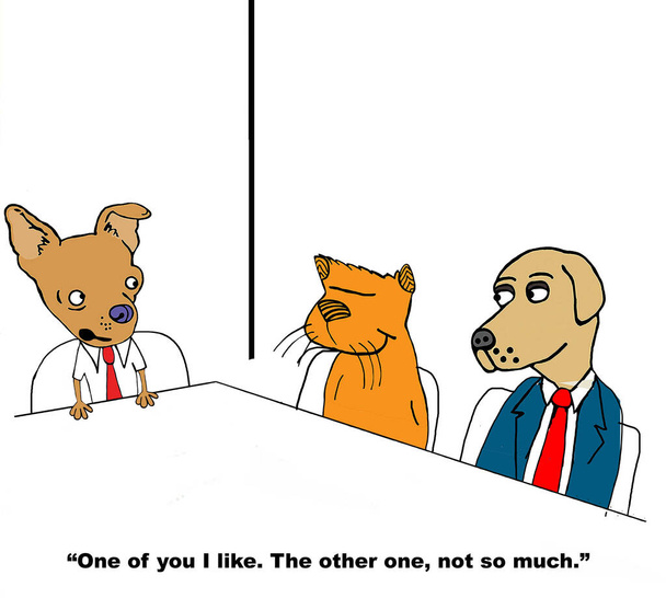 Dibujos animados a color de dos perros y un gato en una mesa de trabajo donde un perro dice que le gusta uno de ellos y el otro no tanto
.  - Foto, imagen