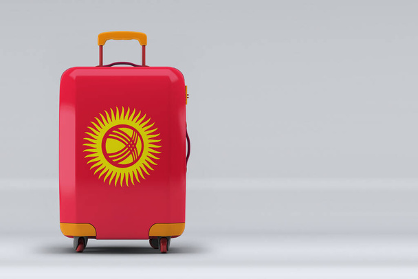 Kyrgyzstan national flag on a stylish suitcases on color background. Space for text. International travel and tourism concept. 3D rendering. - Photo, Image
