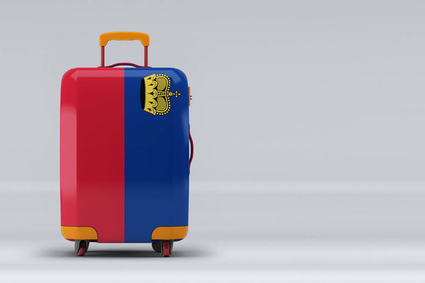 Liechtenstein national flag on a stylish suitcases on color background. Space for text. International travel and tourism concept. 3D rendering. - Foto, afbeelding
