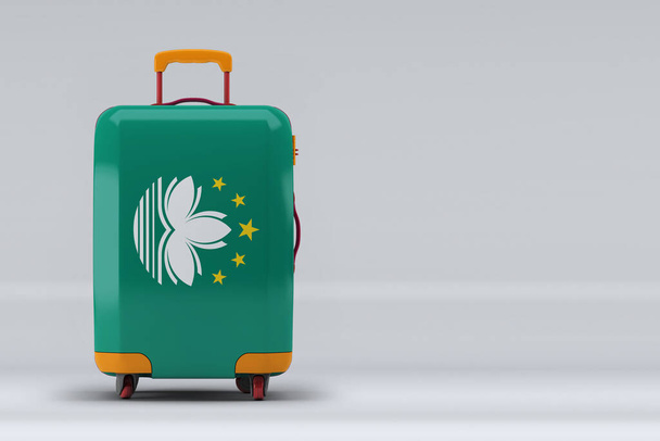 Macao national flag on a stylish suitcases on color background. Space for text. International travel and tourism concept. 3D rendering. - Φωτογραφία, εικόνα