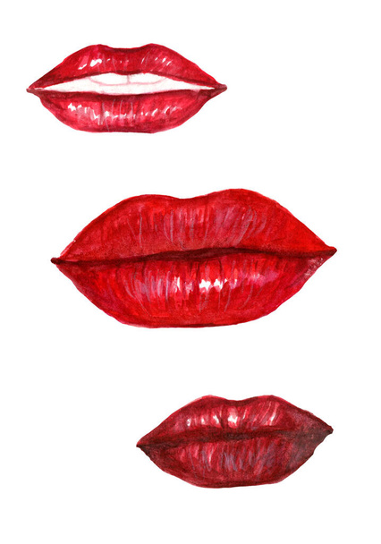 異なる位置に赤い唇の水彩画 - 写真・画像