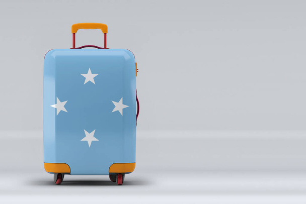 Micronesia national flag on a stylish suitcases on color background. Space for text. International travel and tourism concept. 3D rendering. - Photo, image