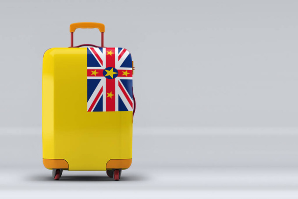 Niue national flag on a stylish suitcases on color background. Space for text. International travel and tourism concept. 3D rendering. - Foto, afbeelding