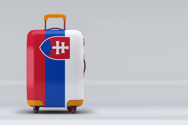 Slovakia national flag on a stylish suitcases on color background. Space for text. International travel and tourism concept. 3D rendering. - Foto, afbeelding