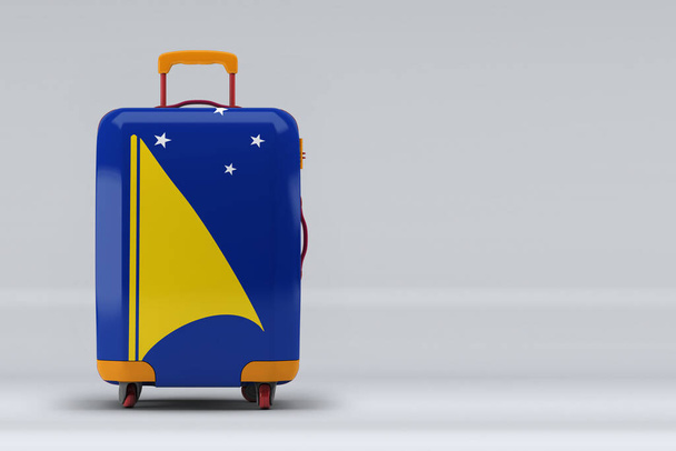Tokelau national flag on a stylish suitcases on color background. Space for text. International travel and tourism concept. 3D rendering. - Фото, изображение