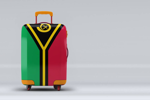 Vanuatu national flag on a stylish suitcases on color background. Space for text. International travel and tourism concept. 3D rendering. - Foto, afbeelding