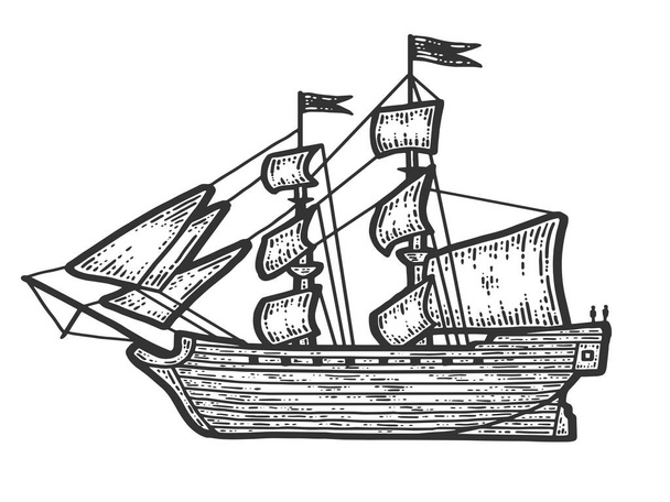 A ship with sails. Sketch scratch board imitation. Black and white. - Vector, Image