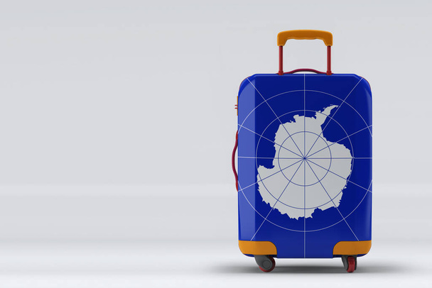 Antarctica flag on a stylish suitcases back view on color background. Space for text. International travel and tourism concept. 3D rendering. - Photo, Image