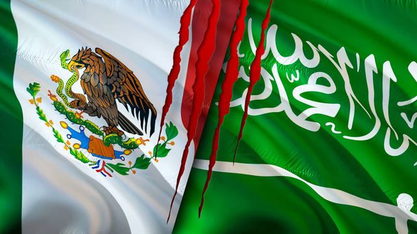 Mexico and Saudi Arabia flags with scar concept. Waving flag,3D rendering. Mexico and Saudi Arabia conflict concept. Mexico Saudi Arabia relations concept. flag of Mexico and Saudi Arabi - Photo, Image