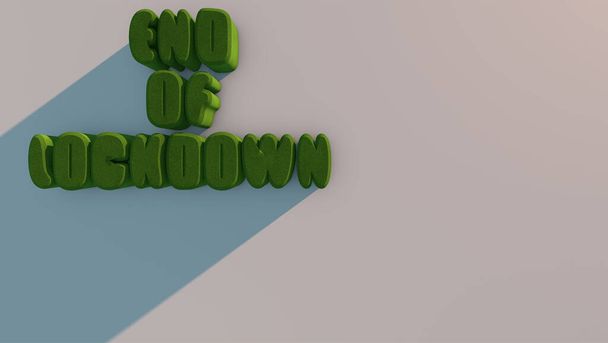 Opschrift in groene letters Einde van Lockdown op een betonnen achtergrond, die het einde van de pandemische quarantaine aangeeft. 3D-weergave - Foto, afbeelding
