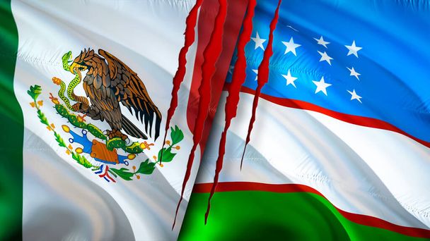 Mexico and Uzbekistan flags with scar concept. Waving flag,3D rendering. Mexico and Uzbekistan conflict concept. Mexico Uzbekistan relations concept. flag of Mexico and Uzbekistan crisis,war, attac - Photo, Image