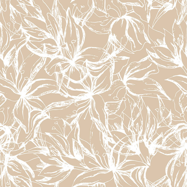 プロバンススタイルのシームレスな花柄。生地、ホームテキスタイル、装飾用の紙のためのベージュの背景に白い花を輪郭。ヴィンテージ感 - ベクター画像