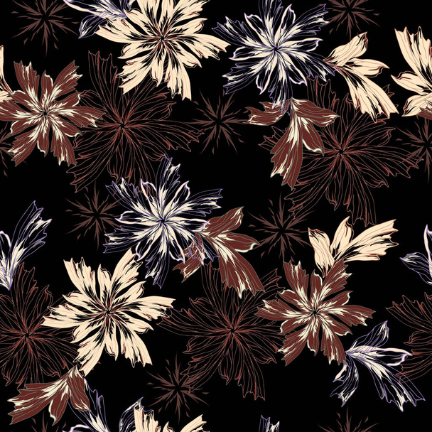 Patrón floral sin costuras en estilo vintage. Elegantes flores de contorno sobre fondo marrón para tela, textura de vestido, bordado
. - Vector, imagen
