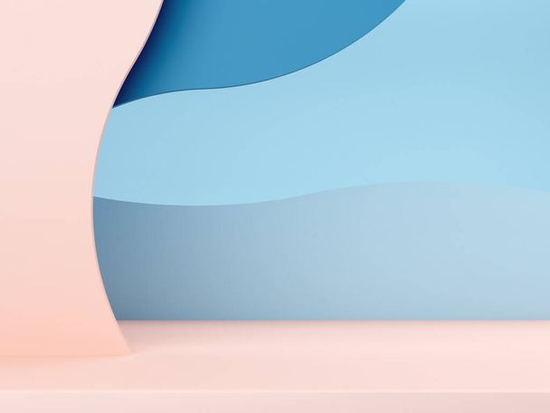 3d illustration. Minimal rendering scene with podium and abstract background. Geometric shapes. Blue, cream, pastel colors. Scene with curved forms and curved background for cosmetic product. - Photo, Image