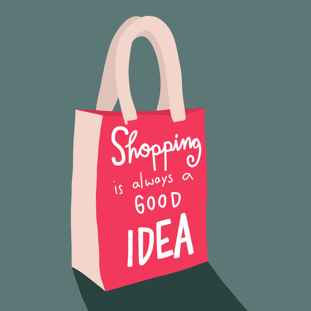 Einkaufen ist immer eine gute Idee Wort auf rote Einkaufstasche Cartoon-Vektor-Illustration - Vektor, Bild