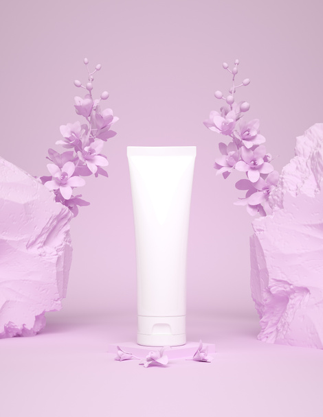 Vrouwen huidverzorgingsproducten blanco verpakkingen samenstelling op violette achtergrond. Handcrème. Vrouwelijke cosmetica modellen voor reclame design.  - Foto, afbeelding