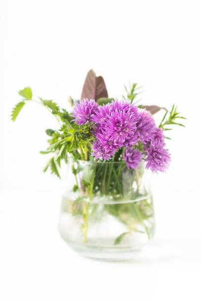 Concepto de alimento a base de hierbas flores de cebollino y hierbas aromáticas en frasco de vidrio aislado sobre fondo blanco
 - Foto, Imagen