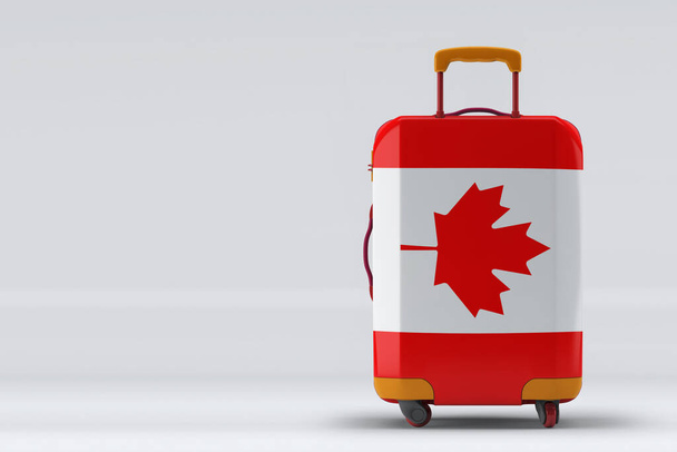 Canada flag on a stylish suitcases back view on color background. Space for text. International travel and tourism concept. 3D rendering. - Φωτογραφία, εικόνα