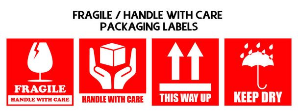Conjunto de adesivos frágeis ou de etiquetas de embalagem. (Frágil, lidar com o cuidado, desta forma para cima, manter seco). Ilustração vetorial
. - Vetor, Imagem