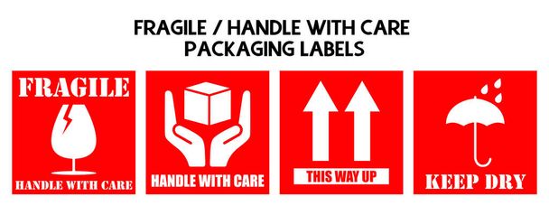 Conjunto de adesivos frágeis ou de etiquetas de embalagem. (Frágil, lidar com o cuidado, desta forma para cima, manter seco). Ilustração vetorial
. - Vetor, Imagem