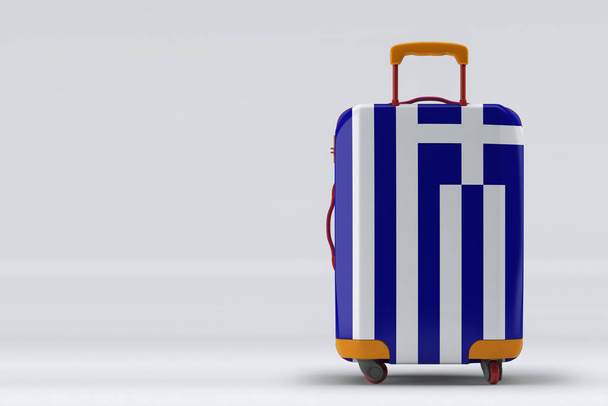 Greece flag on a stylish suitcases back view on color background. Space for text. International travel and tourism concept. 3D rendering. - Zdjęcie, obraz
