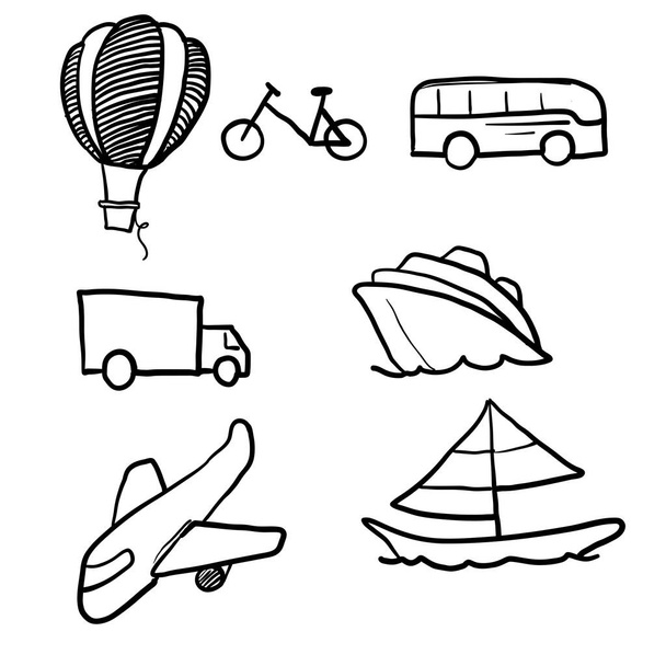 Kézzel rajzolt tömegközlekedési készlet Kapcsolódó vektorvonal ikonok. Tartalmaz olyan ikonokat, mint a busz, kerékpár, autó, ballon, teherautó vitorlás, motorcsónak, repülőgép és így tovább. Kukac - Vektor, kép