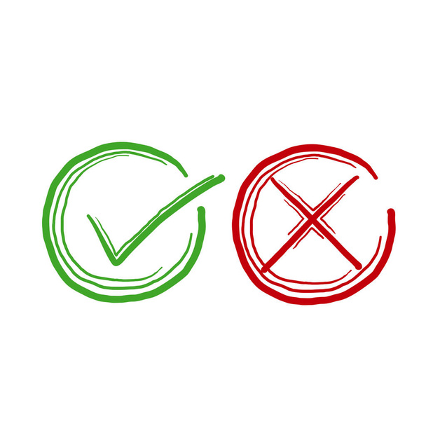 hand drawn Green tick symbol and red cross sign in circle. Icons for evaluation quiz. Vector. doodle - Διάνυσμα, εικόνα