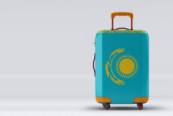 Kazakhstan flag on a stylish suitcases back view on color background. Space for text. International travel and tourism concept. 3D rendering. - Photo, Image