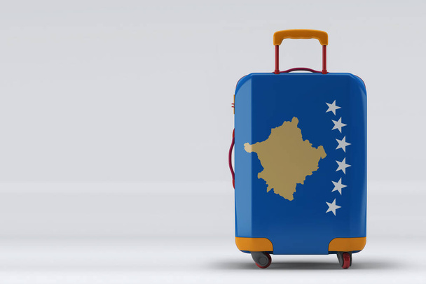 Kosovo flag on a stylish suitcases back view on color background. Space for text. International travel and tourism concept. 3D rendering. - Φωτογραφία, εικόνα