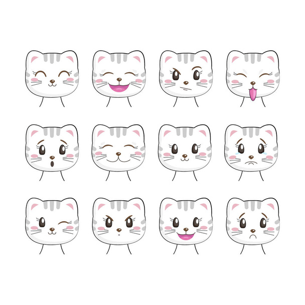 Набор симпатичных котят с разными эмоциями, изолированных на белом фоне. Кошачий персонаж Кавайи. Полезно для многих приложений (стикеры, распечатки для проектов и т.д.)
). - Вектор,изображение