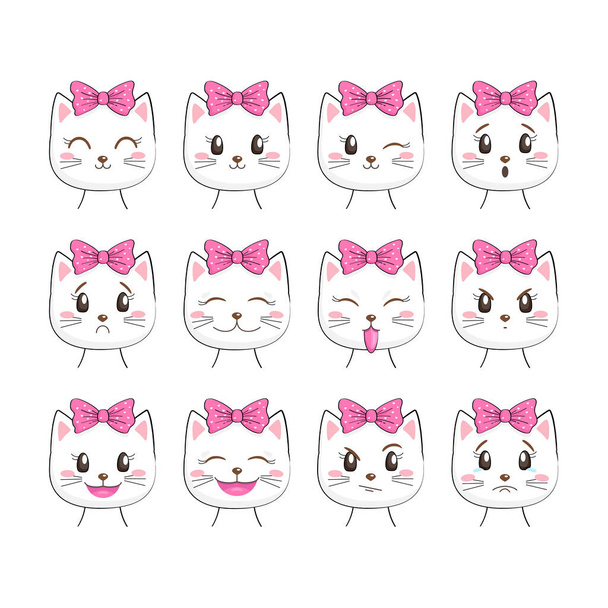 Conjunto de gatito lindo con diferentes emociones, aislado sobre fondo blanco. Kawaii personaje de gato. Útil para muchas aplicaciones (pegatinas, impresiones para prendas de vestir, scrapbooking proyectos ets
). - Vector, Imagen