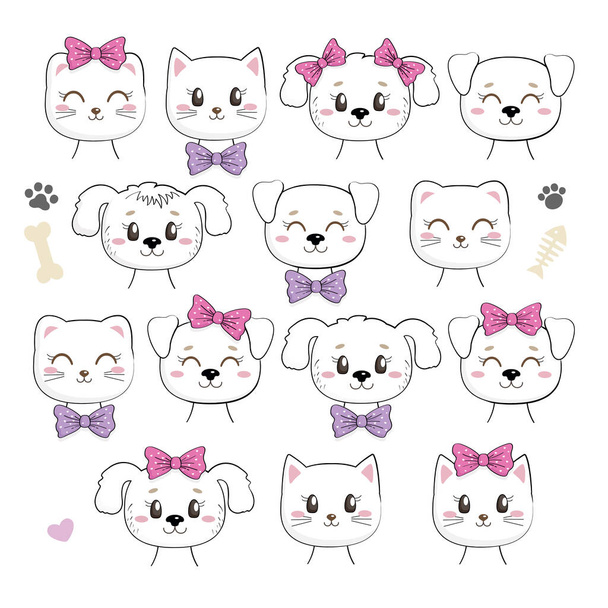 Set of cute kittens and puppies with bows isolated on white background. Kawaii cat and dog character. Useful for many applications (stickers, prints for apparel, scrapbooking projects ets). - Vector, Image