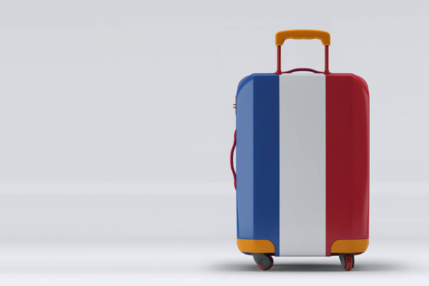 Netherlands flag on a stylish suitcases back view on color background. Space for text. International travel and tourism concept. 3D rendering. - Foto, afbeelding