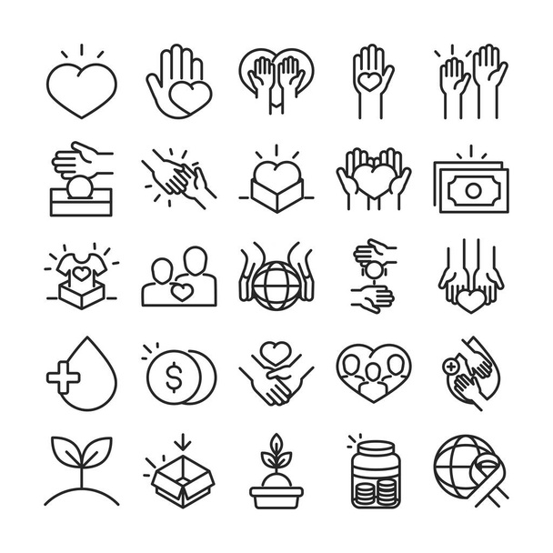 Spende Wohltätigkeit Freiwillige Hilfe Sozialhilfe Symbole Kollektionslinie Stil - Vektor, Bild