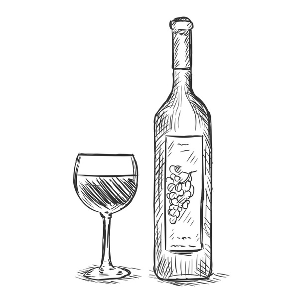 vektorové ilustrace skica - sklo a láhev červeného vína - Vektor, obrázek