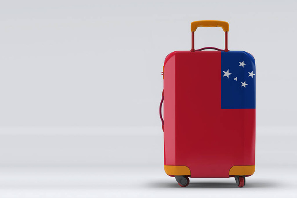 Samoa flag on a stylish suitcases back view on color background. Space for text. International travel and tourism concept. 3D rendering. - 写真・画像