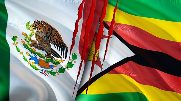 Mexico and Zimbabwe flags with scar concept. Waving flag,3D rendering. Mexico and Zimbabwe conflict concept. Mexico Zimbabwe relations concept. flag of Mexico and Zimbabwe crisis,war, attack concep - Photo, Image