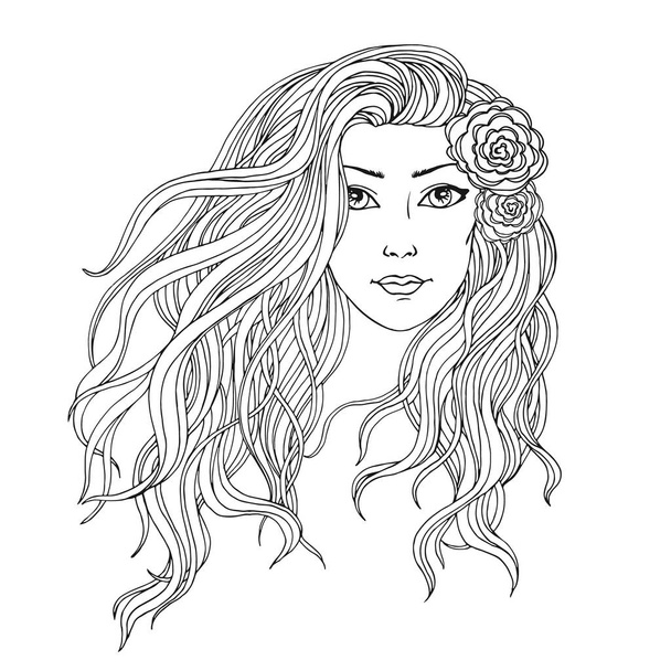 Young woman with streaming long hair, hand drawn linen black and white vector illustration for beauty salon, coloring book, hairdresser, label, beauty concept. - Vector, imagen