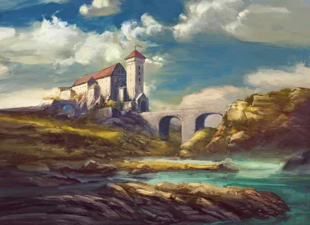Landschaft mit mittelalterlicher Burg auf Klippe, Steinbrücke über den Fluss, Felsen, schöner Himmel mit weißen Wolken - Fantasieszene malen, fiktive Burg - Foto, Bild