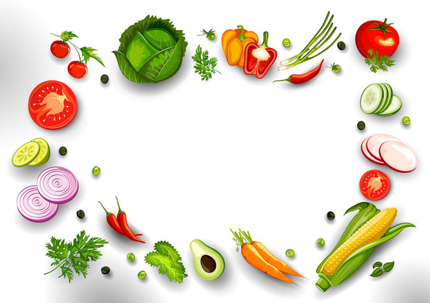 здорові та свіжі фрукти та овочі з кухонним посудом для домашньої кухні
 - Вектор, зображення