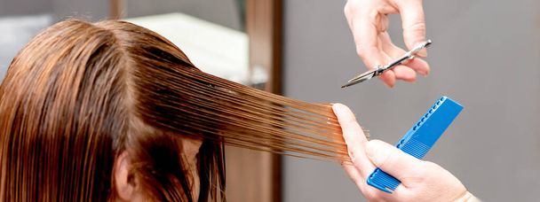 Friseurhände schneiden lange Haare einer Frau im Schönheitssalon. - Foto, Bild