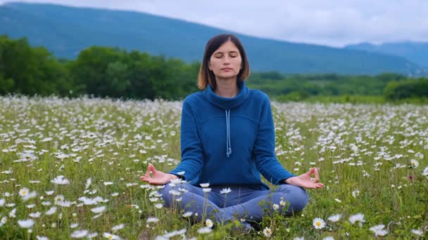 Ázsiai nő gyakorol vagy jógázik a százszorszép mezőn, Lotus meditál. Gyönyörű táj, természeti háttér. nemzetközi jóga nap. a világjárvány után a tartózkodás újbóli megkezdéséről - Felvétel, videó