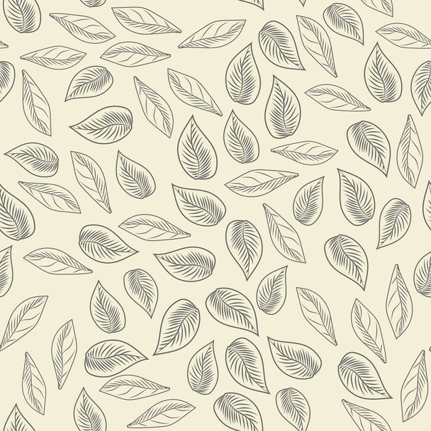 Simple leaf seamless pattern. Monochrome leaves vintage engraved style. Abstract foliage wallpaper. Vector illustration - Vetor, Imagem